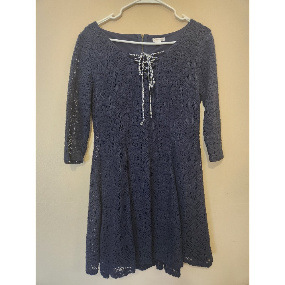 Xhilaration Navy Blue Crochet Lace Mini Skater Dress 3/4 Sleeve Lace‎ Up Neck  L